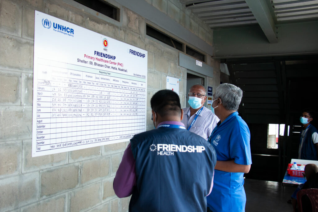 UNHCR and Friendship staff in Friendship Primary Healthcare Centre offering maternal health services in Bhasan Char