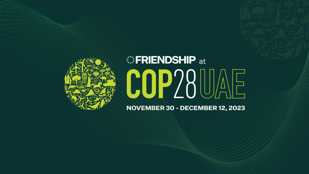 Unified voices for climate action: COP28 and Friendship NGO logos stand side by side in an impactful website banner.